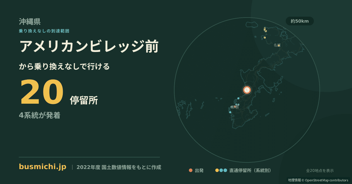 アメリカンビレッジ前バス停から直通で行ける停留所の概略図