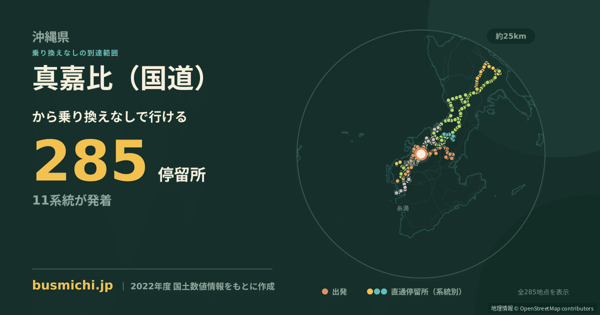 真嘉比（国道）バス停から直通で行ける停留所の概略図