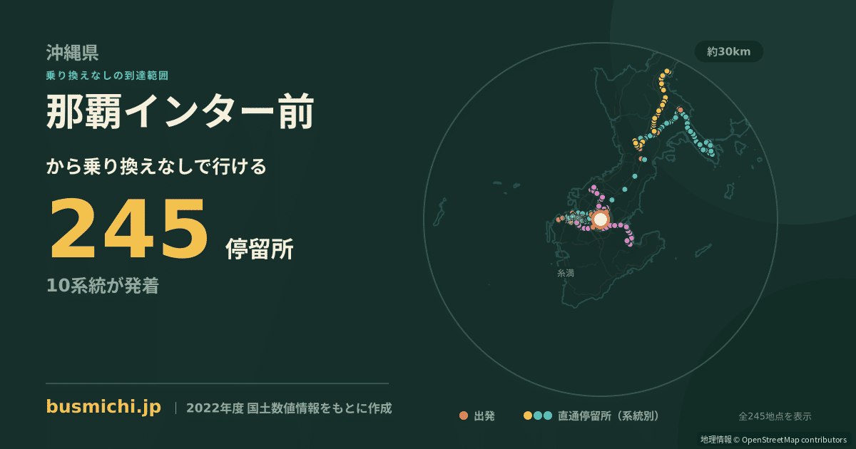 那覇インター前バス停から直通で行ける停留所の概略図