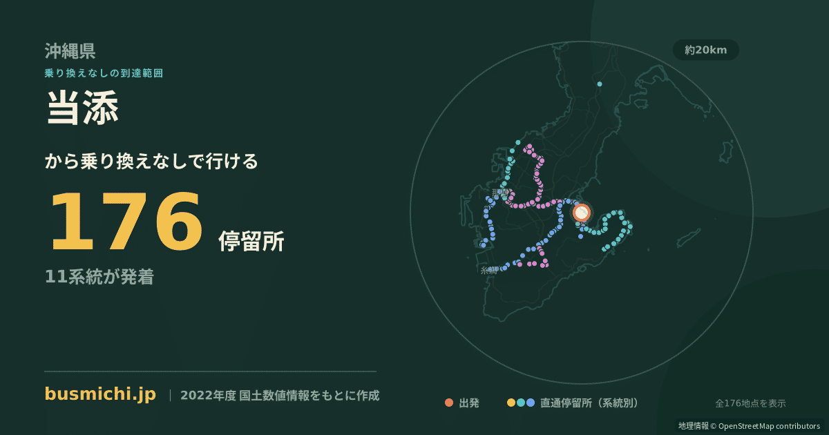当添バス停から直通で行ける停留所の概略図