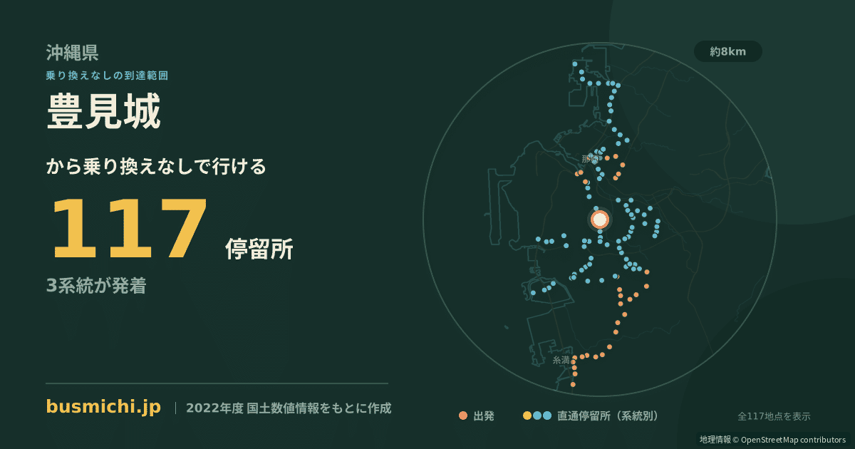 豊見城バス停から直通で行ける停留所の概略図