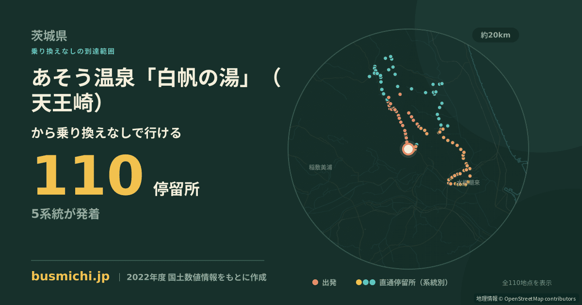 あそう温泉「白帆の湯」（天王崎）バス停から直通で行ける停留所の概略図